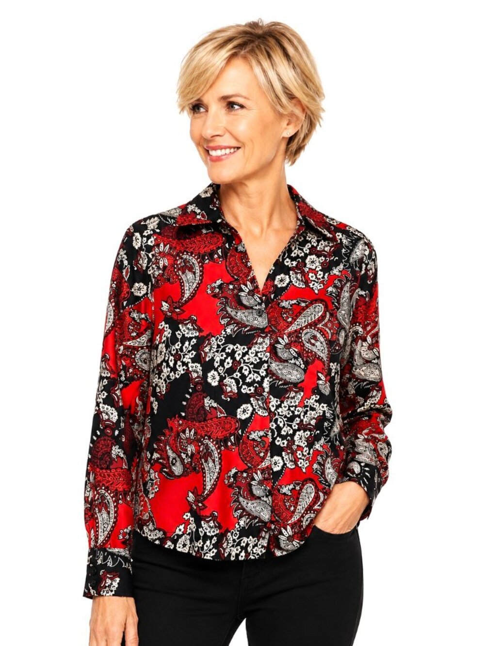 Liz Claiborne Petite Red Black White Paisley Silk Charmeuse Blouse